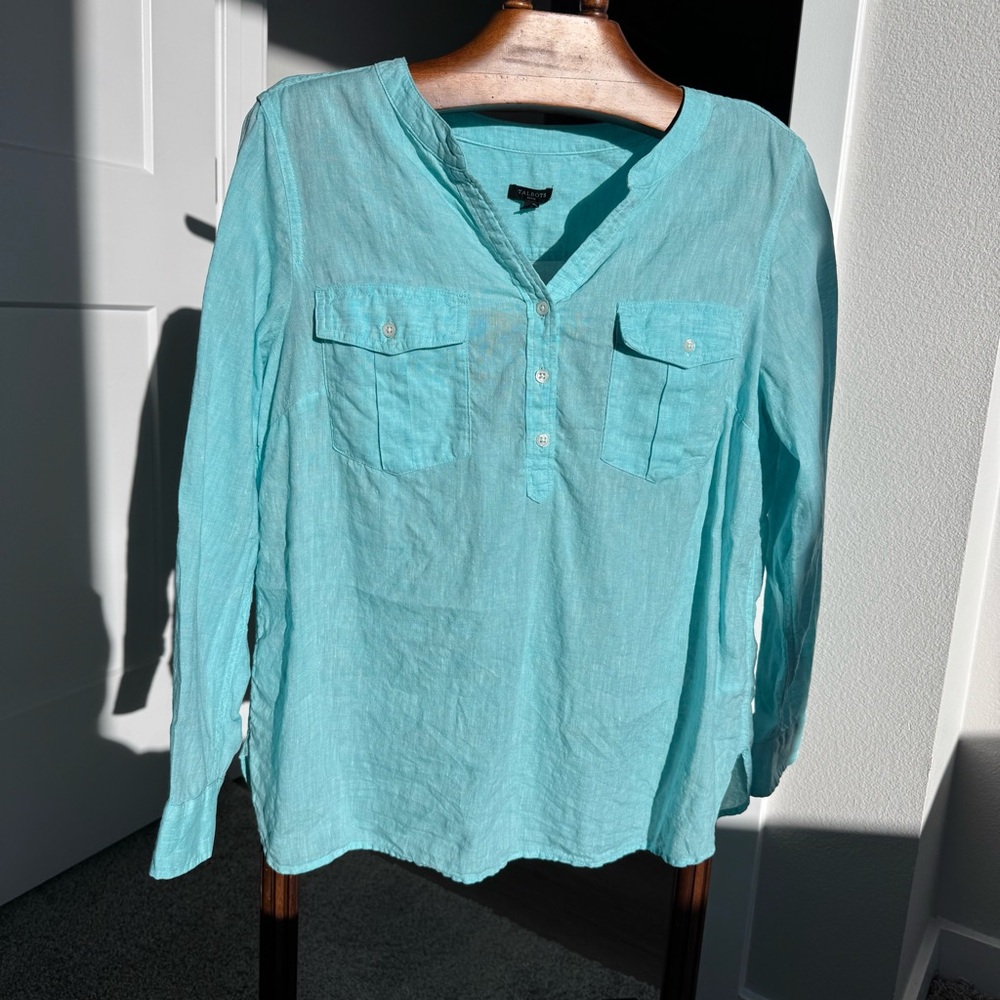 Talbots 100% Linen Shirt Aqua Blue Petite XLP Relaxed Coastal Summer Top Resort